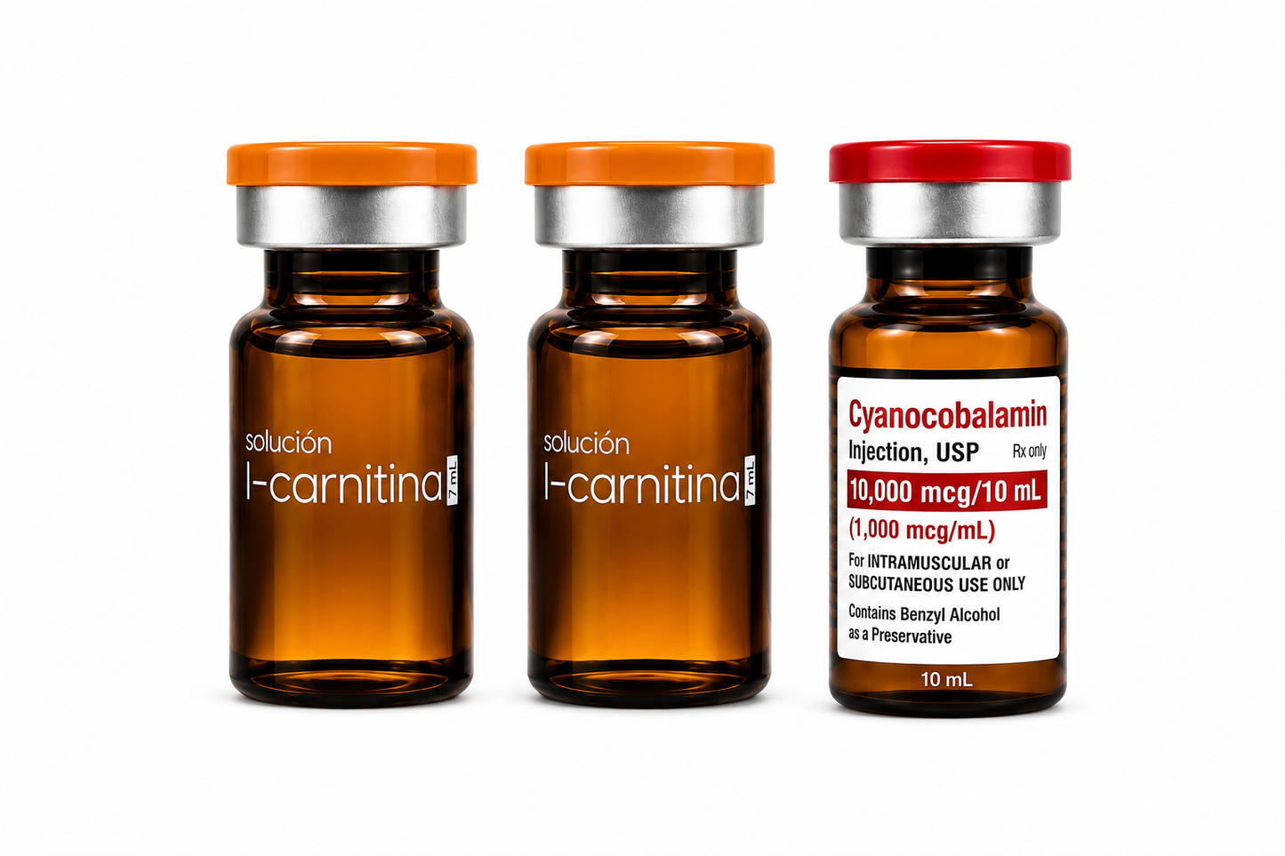 Combo L-Carnitina + Vitamina B12 | 2 Frascos de L-Carnitina (7 mL c/u) + 1 Frasco de Vitamina B12 (10 mL)